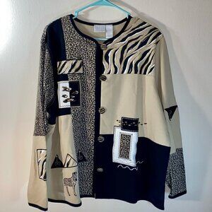 Koret K-Wear Cardigan Button Front Jacket Patchwork Animal Print Embroidered